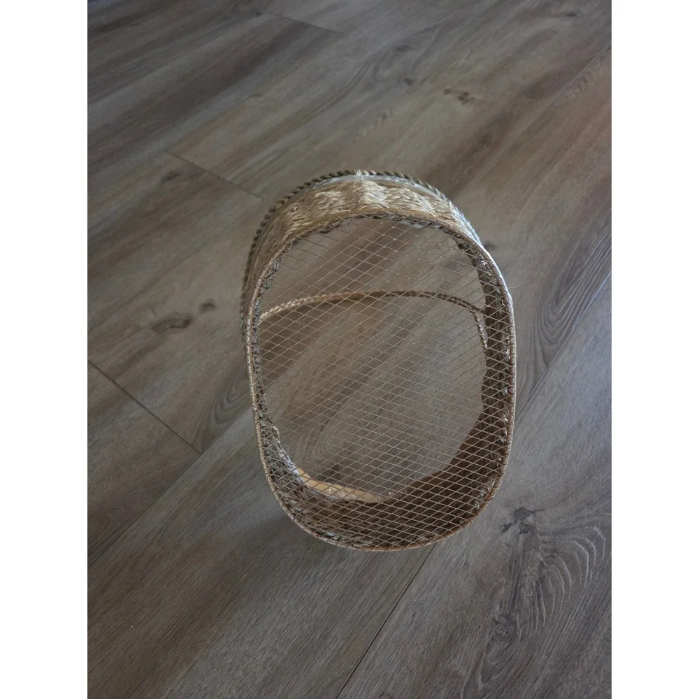 Vintage Woven Wicker and Metal Harvest Basket Scalloped Daisy Rim Mesh Bottom